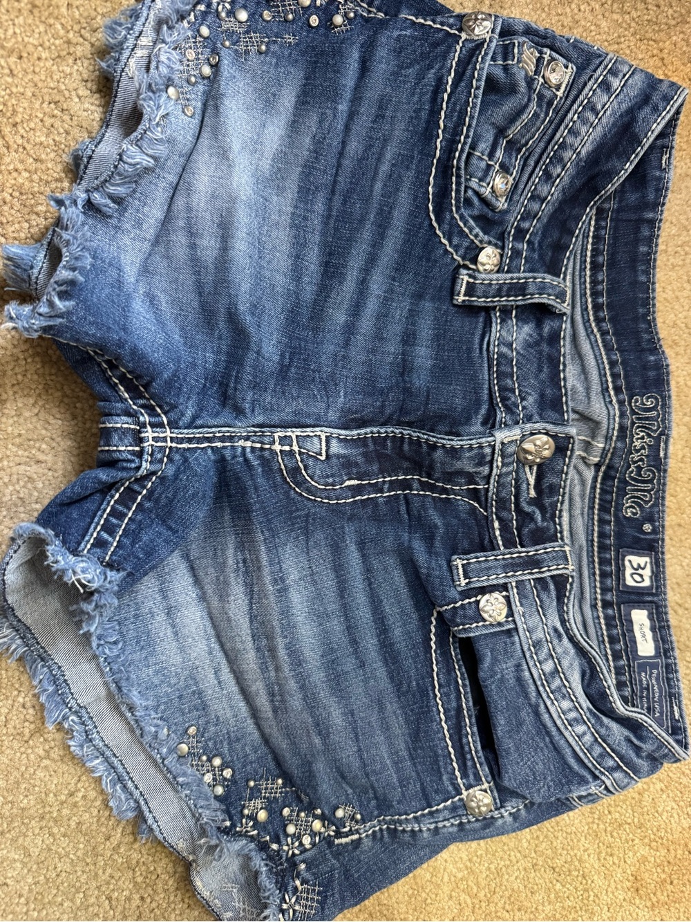 Miss Me Distressed Blue Denim Shorts with Rhinestone Detail